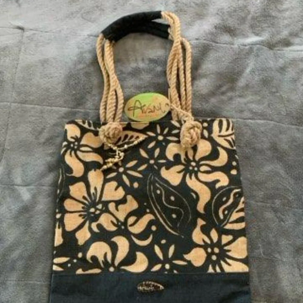 Avani Black Beige Sun N Sand Artisan Tropical Floral Roped Tote Bag New